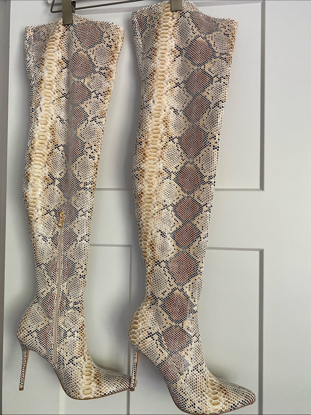 Snake-Print Over-the-Knee Stiletto Boots - Neutral